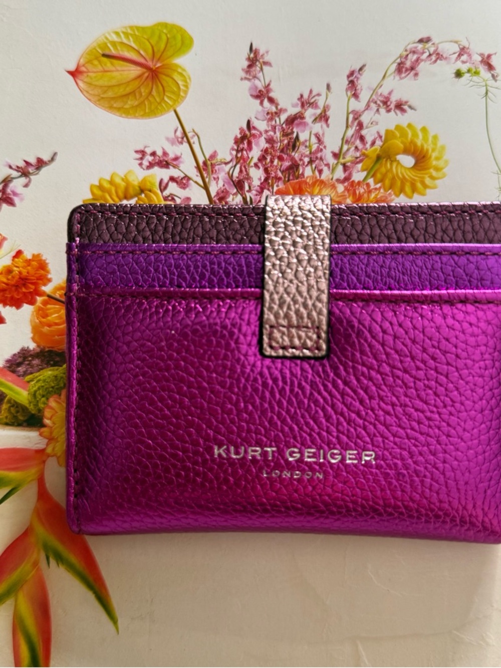 Kurt Geiger Metallic Fuchsia Leather Card Wallet with Gold Strap - Picture 11 of 15